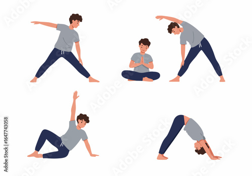 Young Man Practicing Yoga and Stretching Exercises: A Collection of Fitness and Mindfulness Poses for Healthy Living and Well-being.