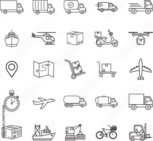 Commercial Vehicles and Delivery Icon Set in Line Art Style