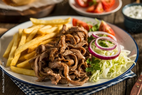 Gyros meat with french fries and salad on a plate, served with dipping sauce and tomatoes