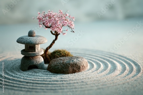 Zen Garden with Stone Lantern, Cherry Blossom Tree, and Raked Sand