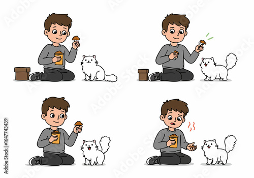 Humorous illustration of a boy's reaction to strong-smelling pet food while his cat happily devours it.