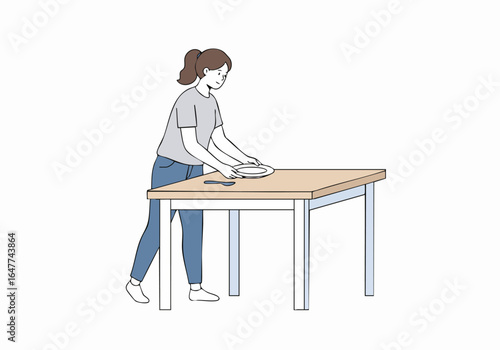 Woman Setting Dining Table, Placing Plate and Utensils. Household Chores and Meal Preparation.
