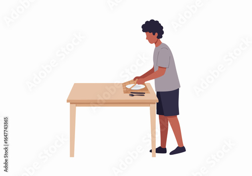 Man setting table with placemat, plate, and cutlery, preparing for a meal at home on a white isolated background.