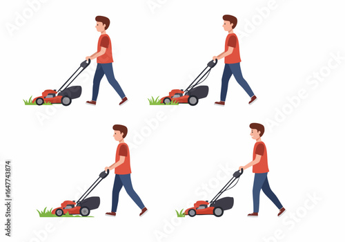 Young Man Mowing Lawn with Red Lawnmower, Flat Vector Illustration Series for Yard Work and Garden Maintenance.