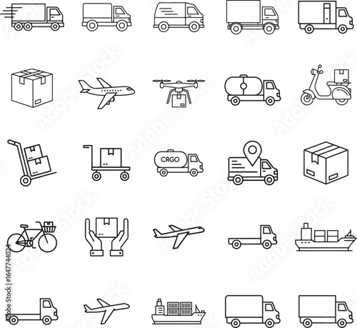 Commercial Vehicles and Delivery Icon Set in Line Art Style