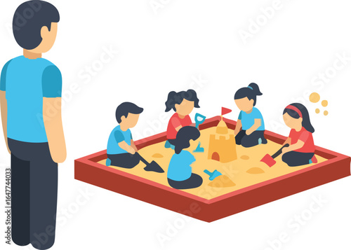 An adult watches over a group of young children playing together and building a sandcastle in a sandbox.