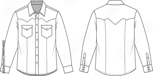 Classic western shirt CAD drawing, flat vector illustration, front and back views, long sleeves, buttoned pockets, fashion sketch, garment design