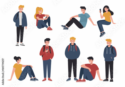 Diverse Young People and Students in Casual Poses: Modern Vector Illustration for Youth, Education, and Lifestyle Concepts.