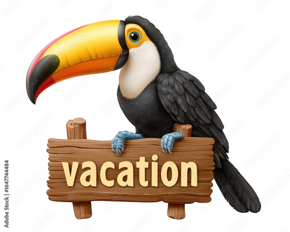 Naklejka premium Toucan bird jungle tropical vacation wooden sign cartoon colorful wildlife cheerful perched illustration nature summer adventure rainforest beak animal travel exotic happy playful forest feather