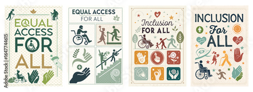 Illustrative posters promoting equal access and inclusion for all individuals, showcasing diverse activities.