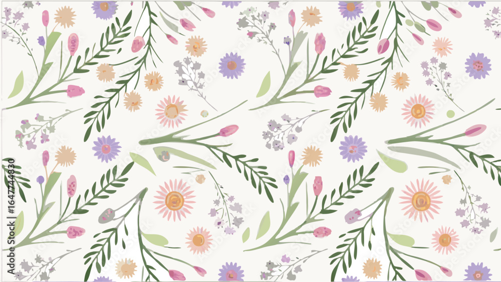 Fototapeta premium Seamless floral pattern with pastel flowers and green leaves, delicate spring botanical design for fabric, wallpaper, wrapping, and decor