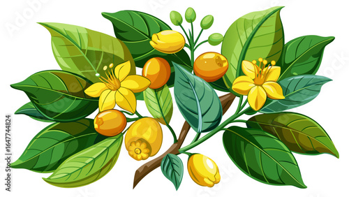 A close-up view reveals a graceful plant adorned with vibrant yellow flowers, lush green leaves, and small fruit, each detail luminous against the pure elegance of the white background.