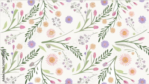 Wallpaper Mural Seamless floral pattern with pastel flowers and green leaves, delicate spring botanical design for fabric, wallpaper, wrapping, and decor Torontodigital.ca