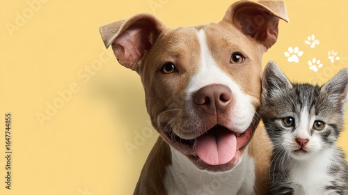 Dog and cat duo making silly face in yellow backdrop for comic pet pairing Image 4K UHD