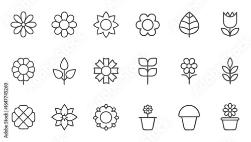 Outline flower and plant icons set, botanical symbols for nature, gardening, floral decoration, eco design, and spring-themed creative projects
