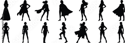 Strong female superhero silhouettes vector set, confident woman poses, powerful female figures with cape, woman empowerment illustration, vector superhero woman collection