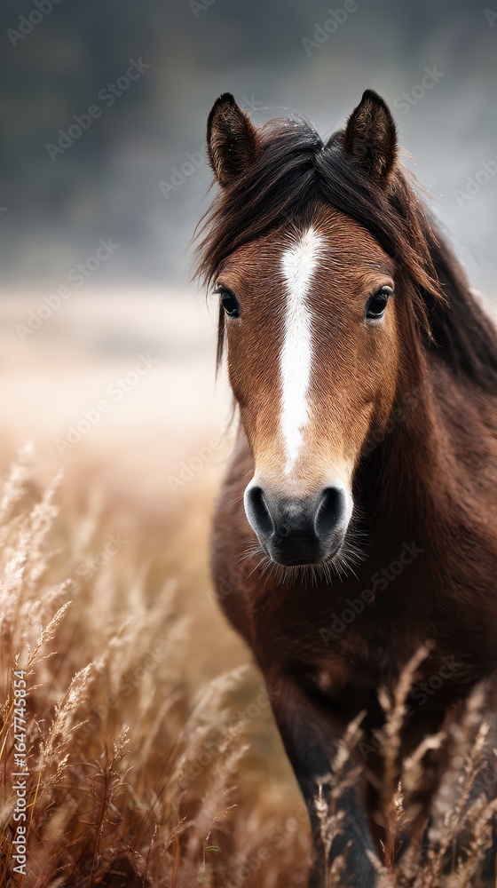Obraz premium Beautiful brown horse standing gracefully in a golden field during early morning light