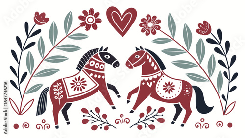 Folk Art Horse Illustration – Scandinavian Decorative Design with Floral Elements and Heart Motif, Rustic Boho Style for Prints and Home Decor