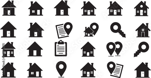 Silhouette Set of Real estate and housing market icons with houses, keys, location pins, contracts, and property price tags