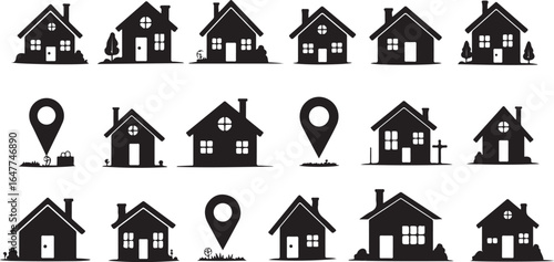 Silhouette Set of Real estate and housing market icons with houses, keys, location pins, contracts, and property price tags