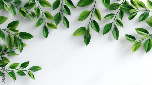 Green leaves cascading on white background for natural design and website decor
