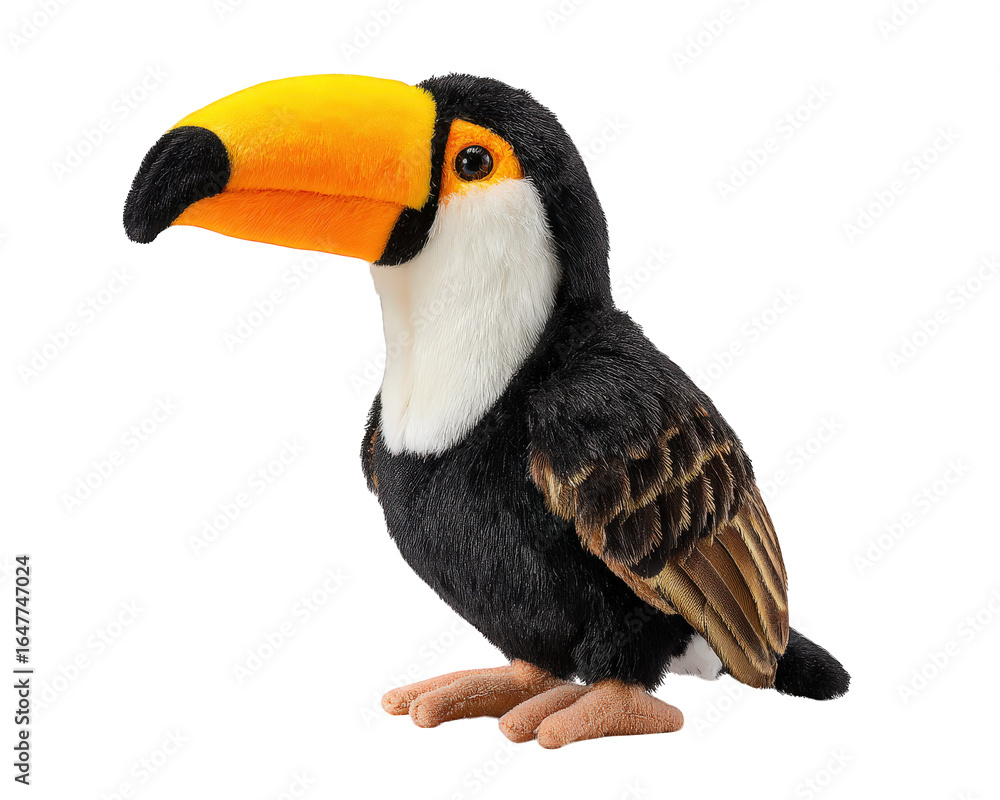 Naklejka premium Toucan plush toy stuffed bird soft black and white animal orange beak cute children gift isolated playful realistic adorable decorative