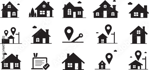 Silhouette Set of Real estate and housing market icons with houses, keys, location pins, contracts, and property price tags