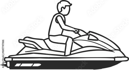 Simple line art illustration of a person riding a personal watercraft. Vector icon for summer vacation, water sports, and recreational activity.