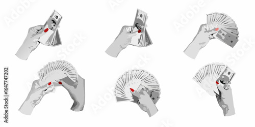 Hands fanning out us dollar bills in various poses