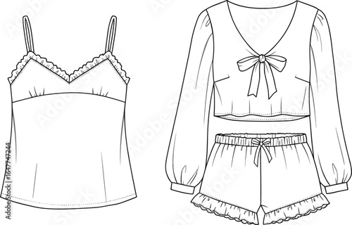Elegant sleepwear fashion design, nightwear CAD drawing, pajama set vector, flat sketch illustration, technical garment art, Adobe Stock submission