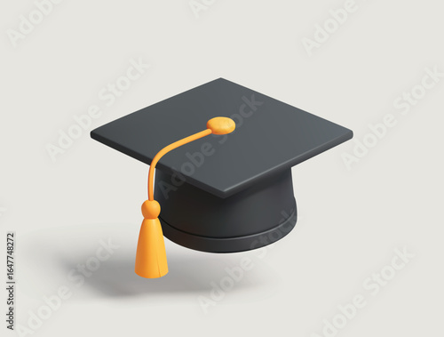 Graduation Cap 3D Icon. Black Mortarboard with Yellow Tassel isolated 3d vector Illustration