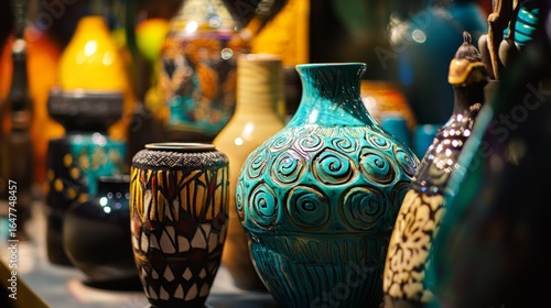 Traditional ceramic vases and pottery displayed in artisan market with warm lighting