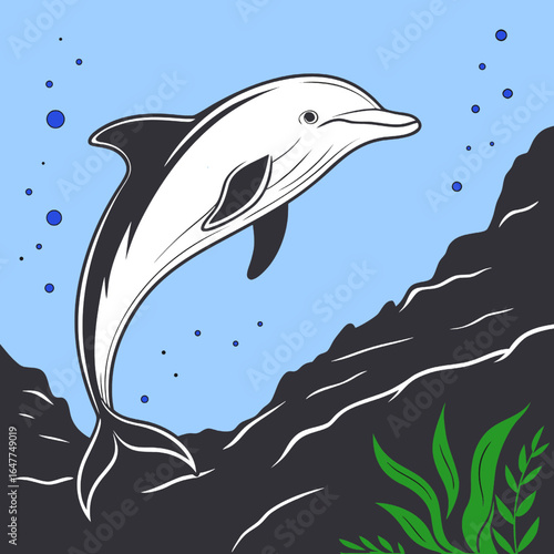 Stylized Dolphin Swimming Underwater – Marine Life Vector Illustration