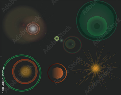 Abstract composition of circles in various sizes, featuring both outlined and gradient-filled shapes on a dark grey background (Universe)