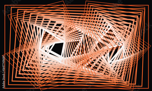 Dynamic abstract pattern with overlapping rectangles in orange and white on black background (Geometric chaos)