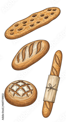 Delicious assortment of freshly baked artisan breads including baguettes focaccia and round loaves presented artistically on a white background