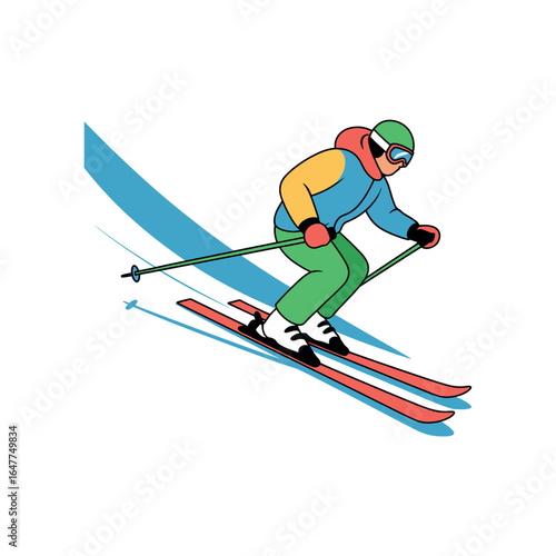 Stylized illustration of a skier in colorful ski attire descending a slope skiing winter sports