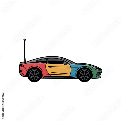 Red yellow blue green sports car with antenna on white background vehicle