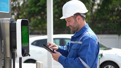 Technician Inspecting Electric Vehicle Charging Station