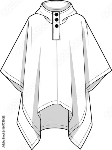 Stylish poncho design, flat vector illustration, CAD fashion sketch, outerwear garment, hooded poncho, apparel drawing, Adobe Stock image, fashion CAD