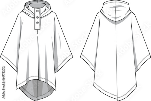 Stylish poncho design, hooded garment sketch, front and back view, CAD drawing, flat vector illustration, fashion template, apparel technical sketch