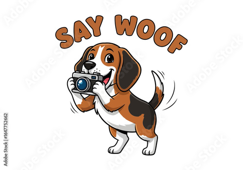 Cute beagle dog holding a camera and saying woof, isolated on white background