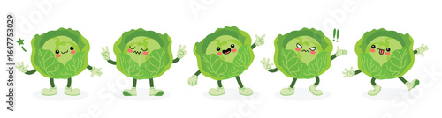 Cute cabbage cartoon characters with different emotions and gestures such as happy, sad, angry, excited, and playful. Perfect for kids education, healthy food content, stickers and emojis.