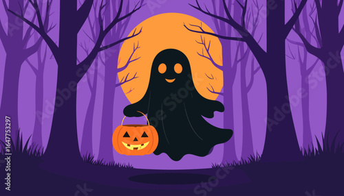 A cheerful ghost celebrates Halloween, trick-or-treating in a spooky purple forest under a full orange moon.