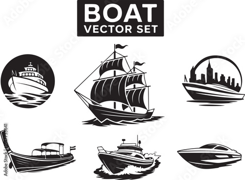 Collection of diverse boat silhouettes for maritime design projects