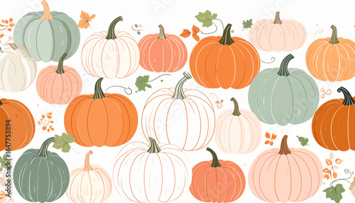 Festive Autumn Harvest Pattern with Assorted Pumpkins and Fall Foliage