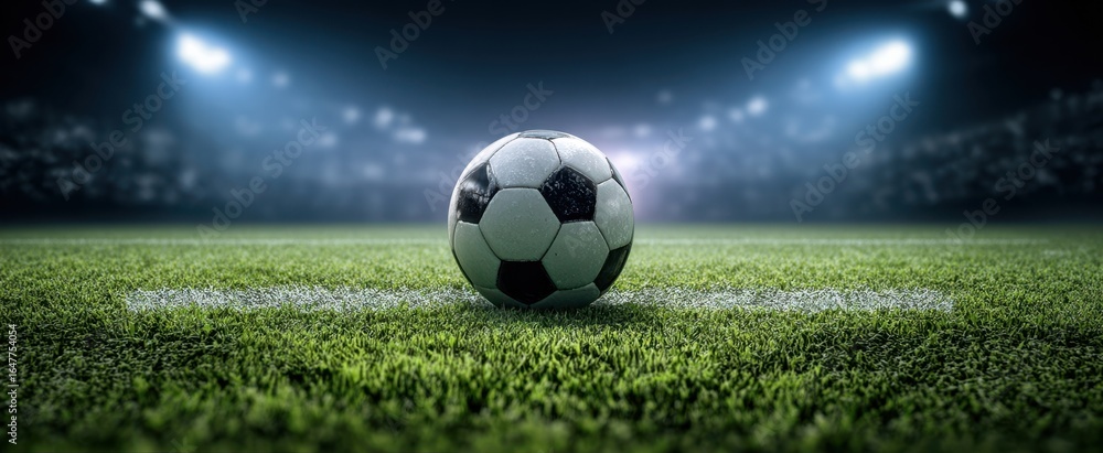 Fototapeta premium The Soccer Ball on a Floodlit Football Pitch Ready for Night Match Action