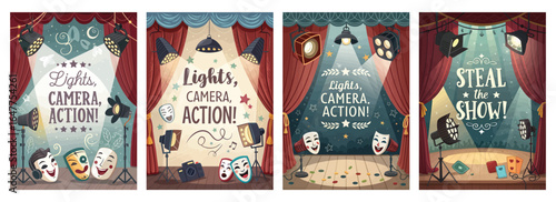 Colorful theatrical stage designs featuring spotlight elements and dramatic curtains.