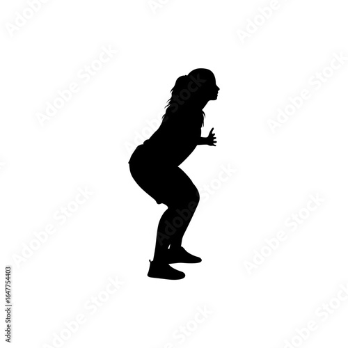 A bold silhouette of a woman in a dynamic squat position, suggesting a dance or fitness class.
