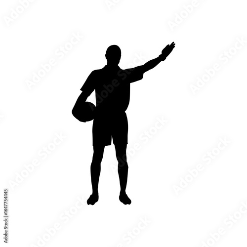 A bold, black silhouette of a male basketball player, arms outstretched, holding a ball, suggests a welcoming or introductory concept.